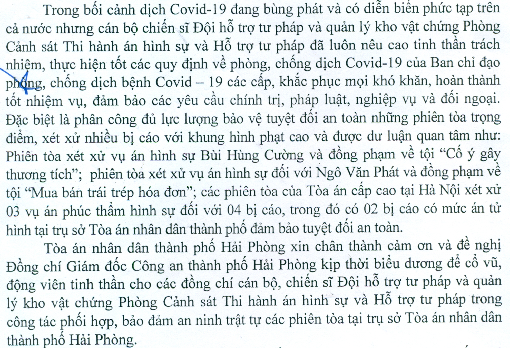 Tòa án nhân dân thành phố Hải Phòng gửi thư cảm ơn